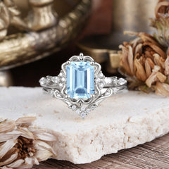 Vintage 4-Prong Emerald-Cut Aquamarine Ring Set