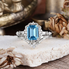 Vintage 4-Prong Emerald-Cut Aquamarine Ring Set