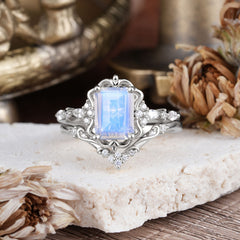 Vintage 4-Prong Emerald-Cut Moonstone Ring Set