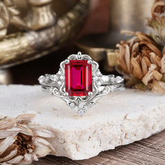 Vintage 4-Prong Emerald-Cut Ruby Ring Set