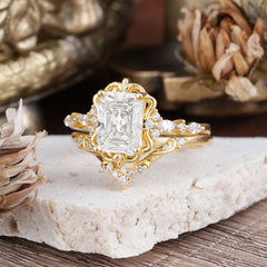 Vintage 4-Prong Emerald-Cut Moissanite Ring Set