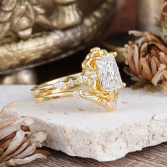 Vintage 4-Prong Emerald-Cut Moissanite Ring Set