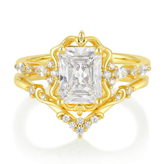 Vintage 4-Prong Emerald-Cut Moissanite Ring Set