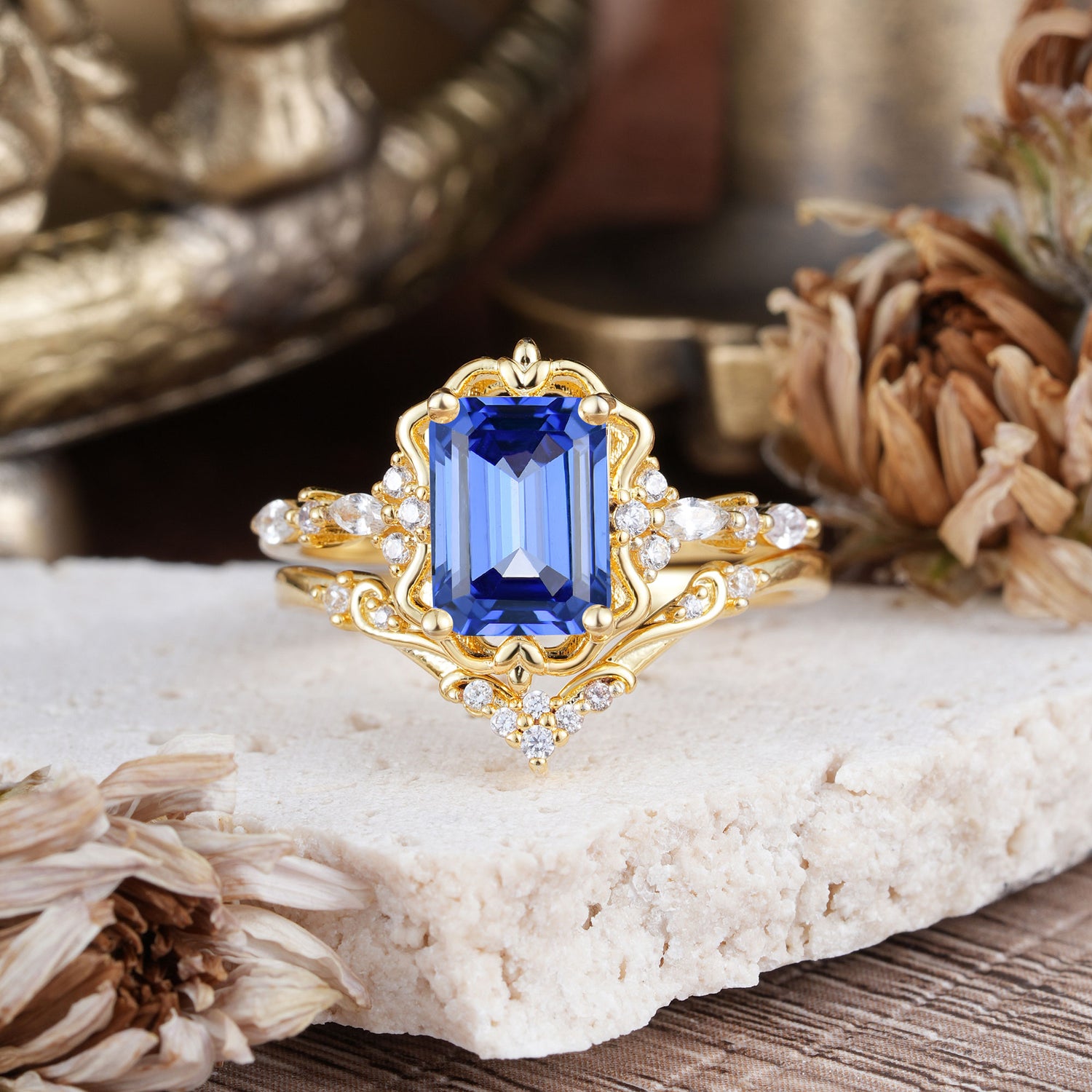Vintage 4-Prong Emerald-Cut Sapphire Bridal Ring Set