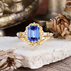 Vintage 4-Prong Emerald-Cut Sapphire Ring Set