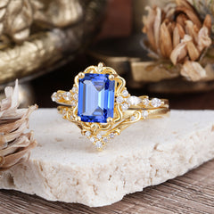 Vintage 4-Prong Emerald-Cut Sapphire Ring Set