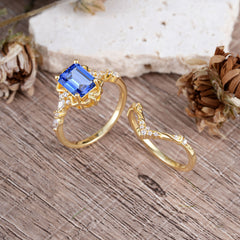 Vintage 4-Prong Emerald-Cut Sapphire Ring Set