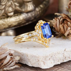 Vintage 4-Prong Emerald-Cut Sapphire Ring Set