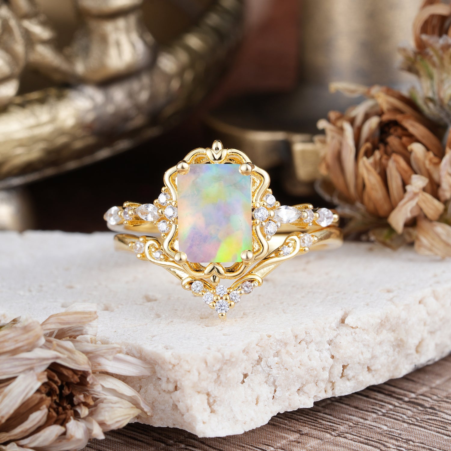 Vintage 4-Prong Emerald-Cut Opal Bridal Ring Set