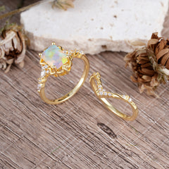 Vintage 4-Prong Emerald-Cut Opal Ring Set