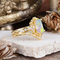 Vintage 4-Prong Emerald-Cut Opal Ring Set