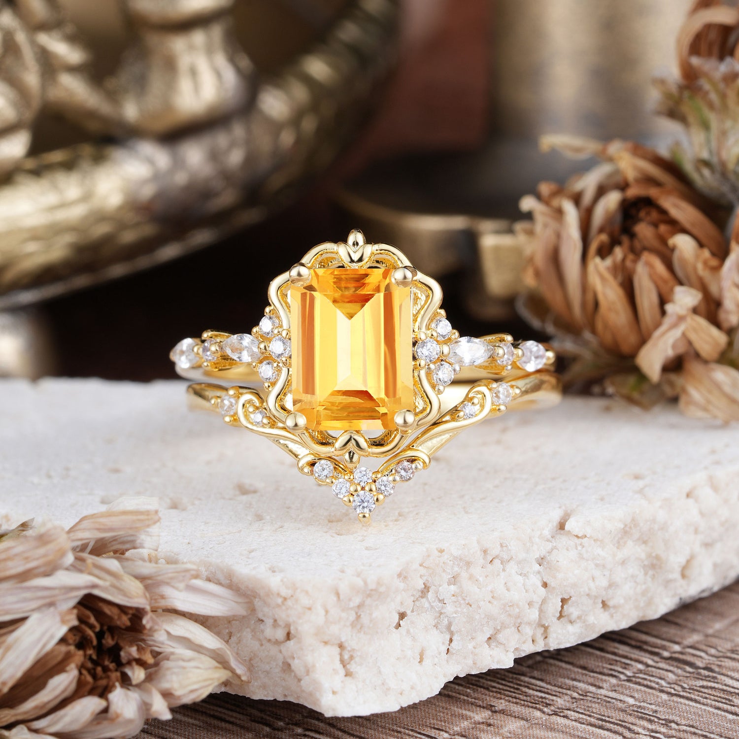 Vintage 4-Prong Emerald-Cut Citrine Bridal Ring Set
