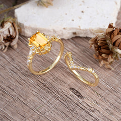 Vintage 4-Prong Emerald-Cut Citrine Ring Set