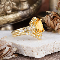 Vintage 4-Prong Emerald-Cut Citrine Ring Set