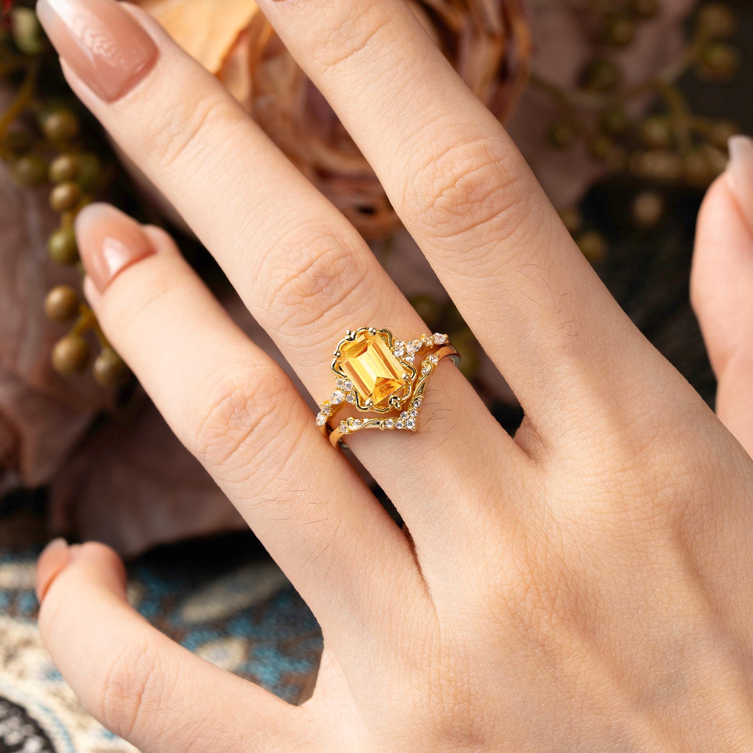 Vintage 4-Prong Emerald-Cut Citrine Bridal Ring Set