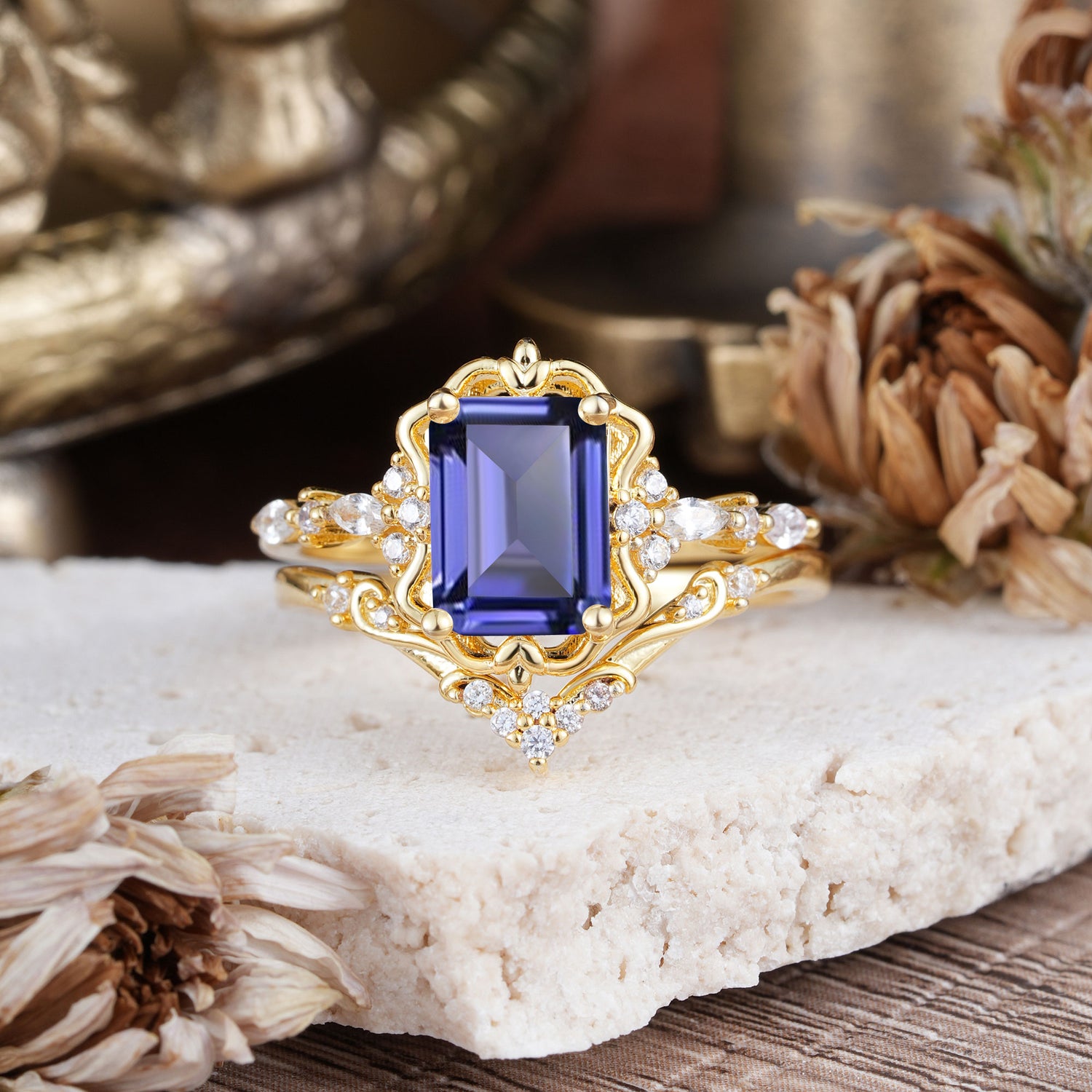 Vintage 4-Prong Emerald-Cut Tanzanite Bridal Ring Set
