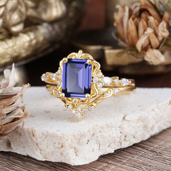 Vintage 4-Prong Emerald-Cut Tanzanite Ring Set