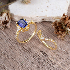 Vintage 4-Prong Emerald-Cut Tanzanite Ring Set