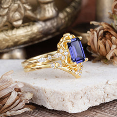 Vintage 4-Prong Emerald-Cut Tanzanite Ring Set