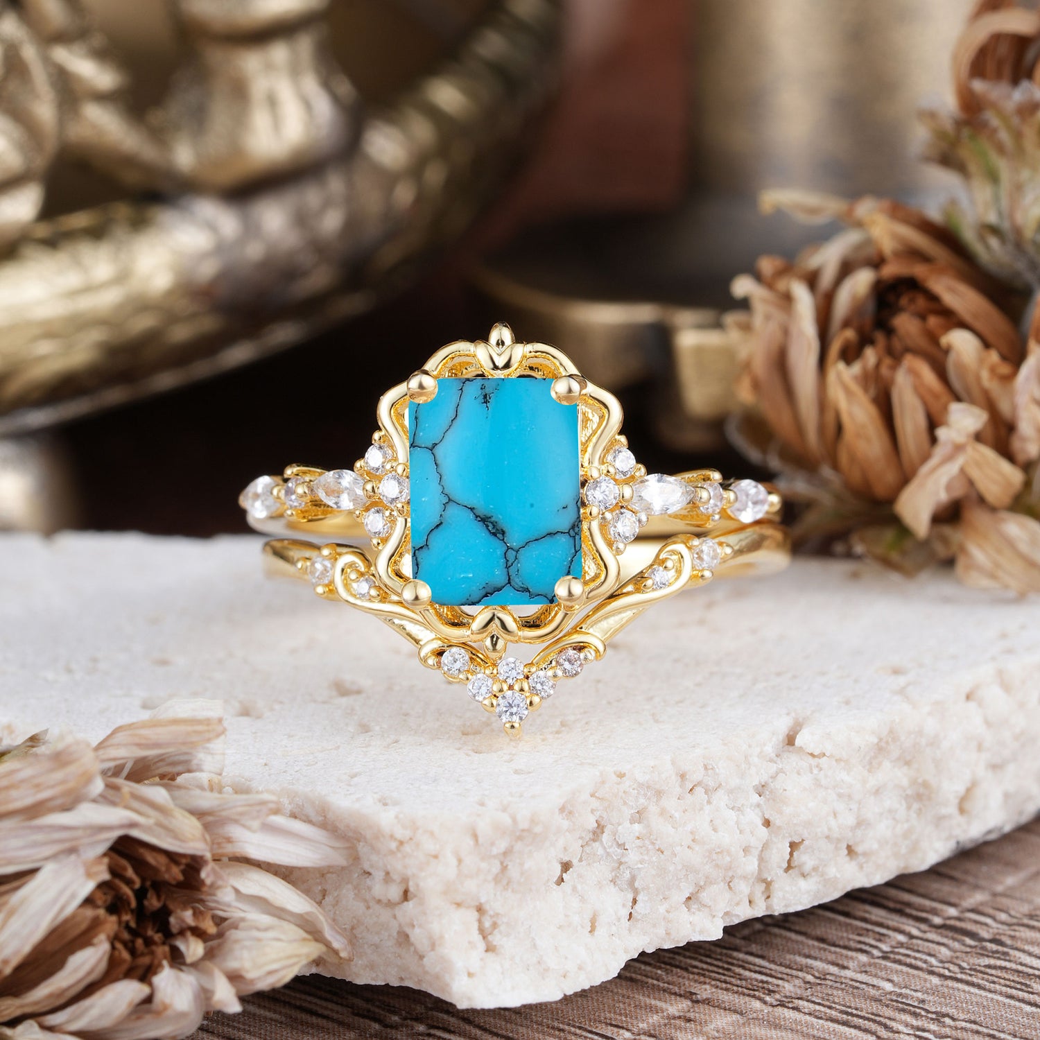 Vintage 4-Prong Emerald-Cut Turquoise Bridal Ring Set