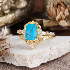 Vintage 4-Prong Emerald-Cut Turquoise Ring Set