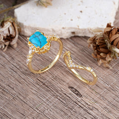 Vintage 4-Prong Emerald-Cut Turquoise Ring Set