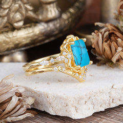 Vintage 4-Prong Emerald-Cut Turquoise Ring Set