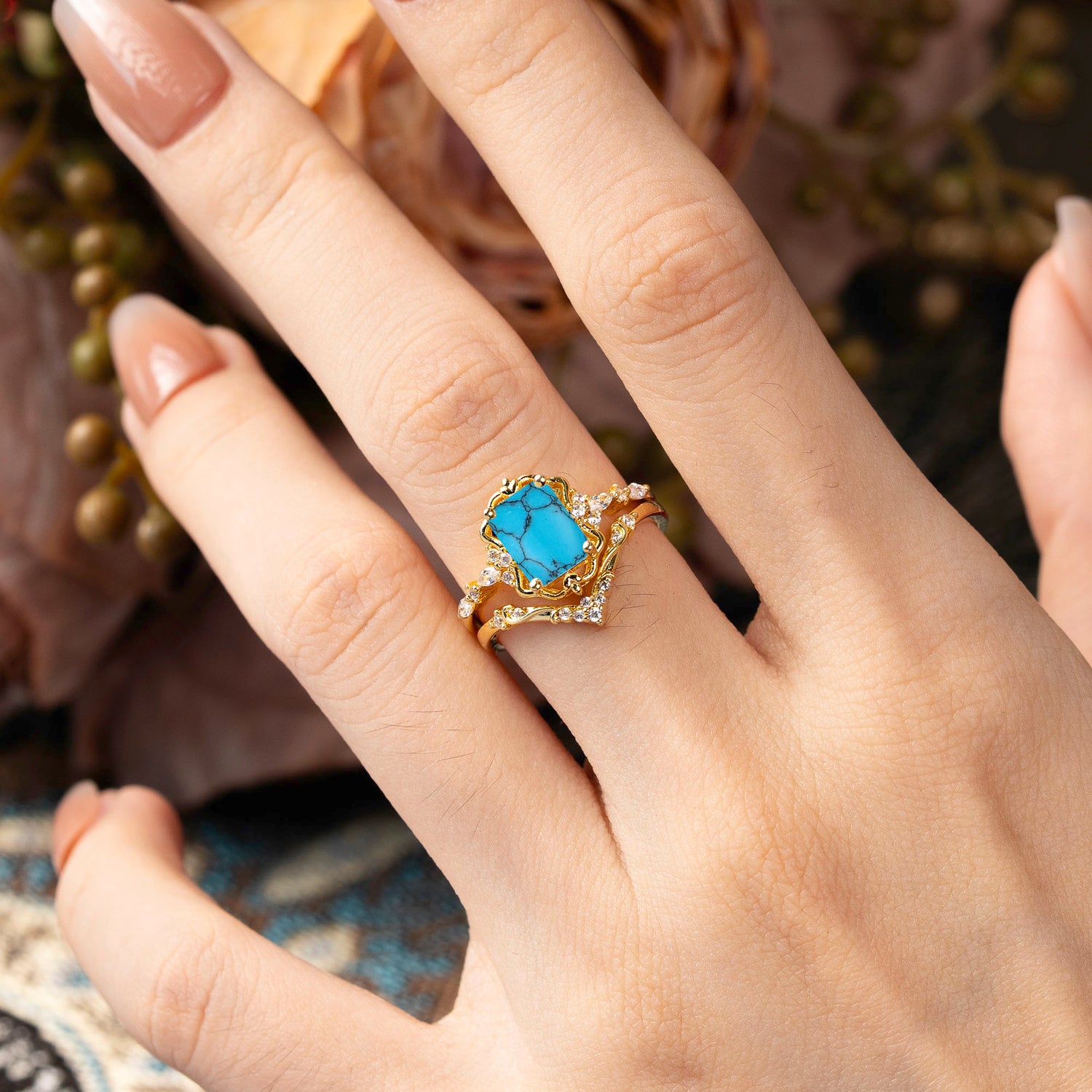 Vintage 4-Prong Emerald-Cut Turquoise Bridal Ring Set