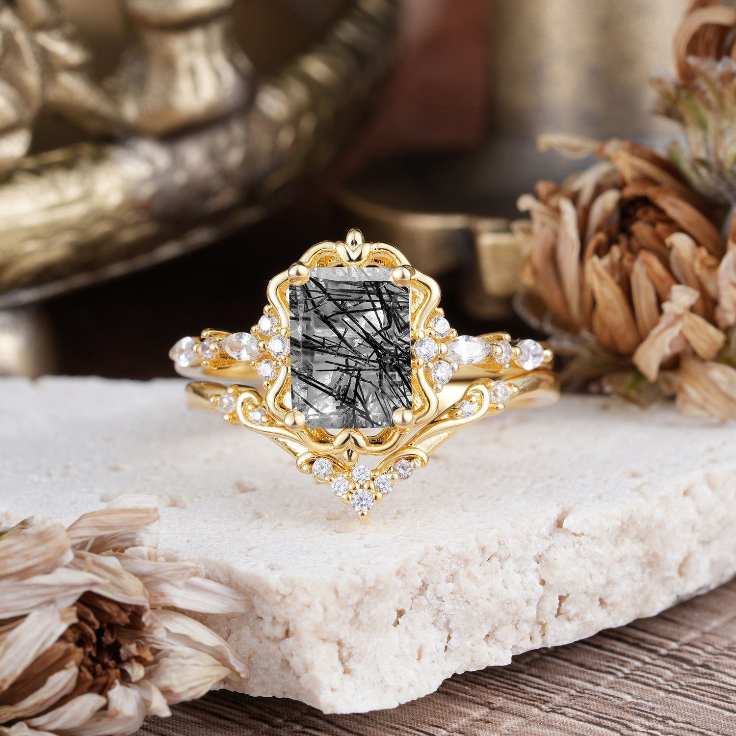 Vintage 4-Prong Emerald-Cut Black Rutilated Quartz Bridal Ring Set