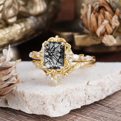 Vintage 4-Prong Emerald-Cut Black Rutilated Quartz Ring Set