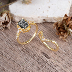 Vintage 4-Prong Emerald-Cut Black Rutilated Quartz Ring Set