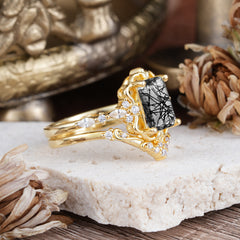 Vintage 4-Prong Emerald-Cut Black Rutilated Quartz Ring Set