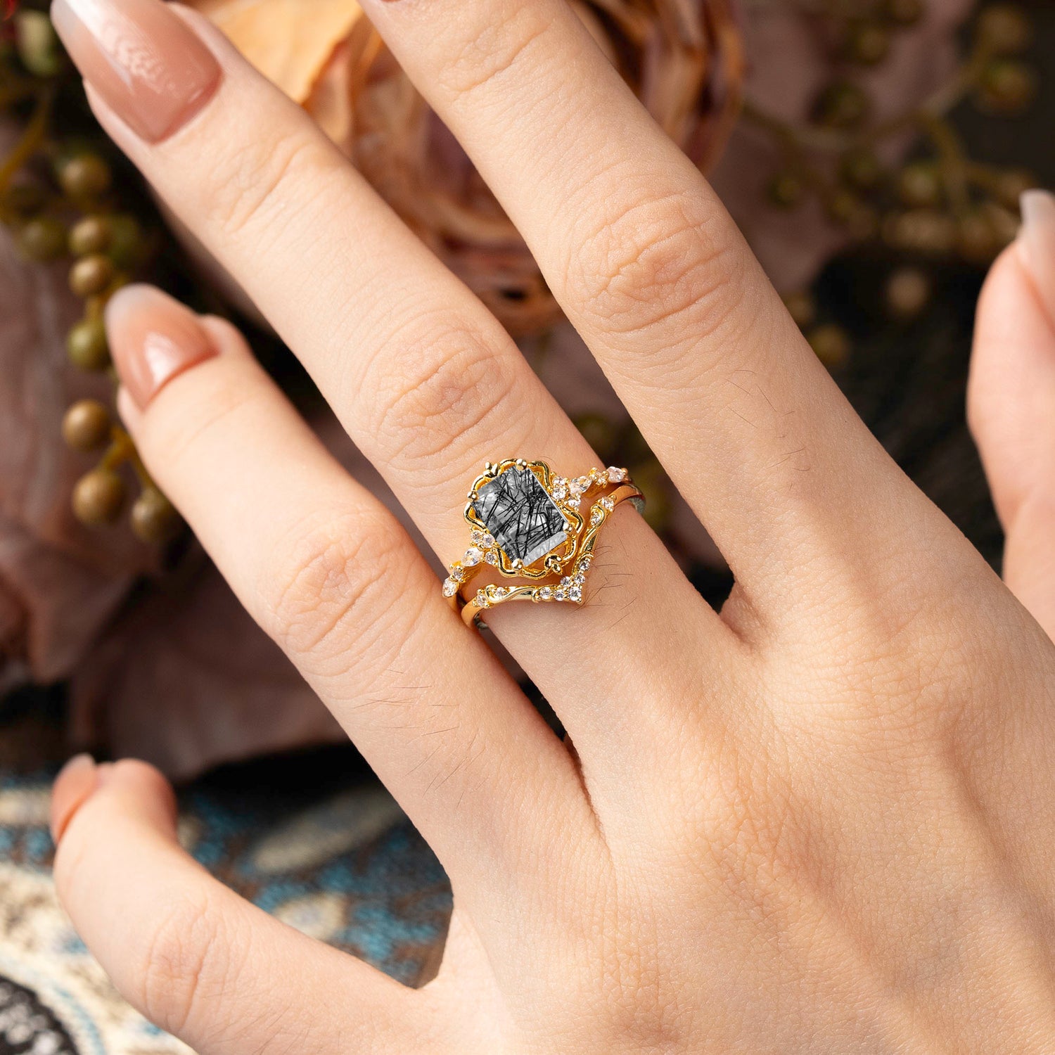 Vintage 4-Prong Emerald-Cut Black Rutilated Quartz Bridal Ring Set