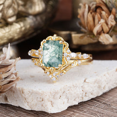 Vintage 4-Prong Emerald-Cut Moss Agate Ring Set