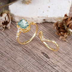 Vintage 4-Prong Emerald-Cut Moss Agate Ring Set