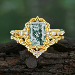 Vintage 4-Prong Emerald-Cut Moss Agate Ring Set