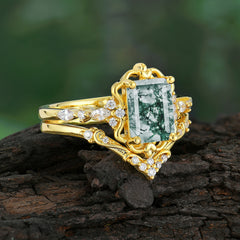 Vintage 4-Prong Emerald-Cut Moss Agate Ring Set