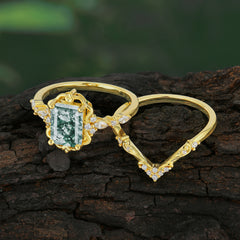 Vintage 4-Prong Emerald-Cut Moss Agate Ring Set
