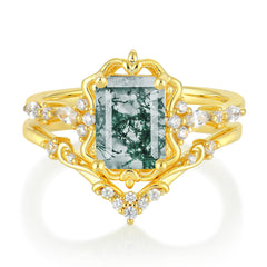 Vintage 4-Prong Emerald-Cut Moss Agate Ring Set