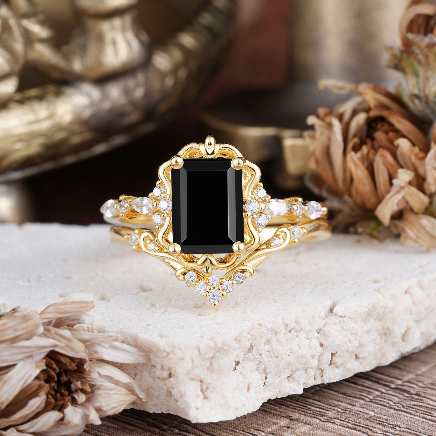 Vintage 4-Prong Emerald-Cut Black Onyx Bridal Ring Set