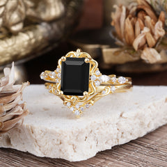 Vintage 4-Prong Emerald-Cut Black Onyx Ring Set