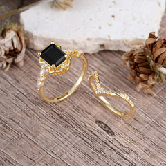 Vintage 4-Prong Emerald-Cut Black Onyx Ring Set