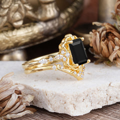Vintage 4-Prong Emerald-Cut Black Onyx Ring Set