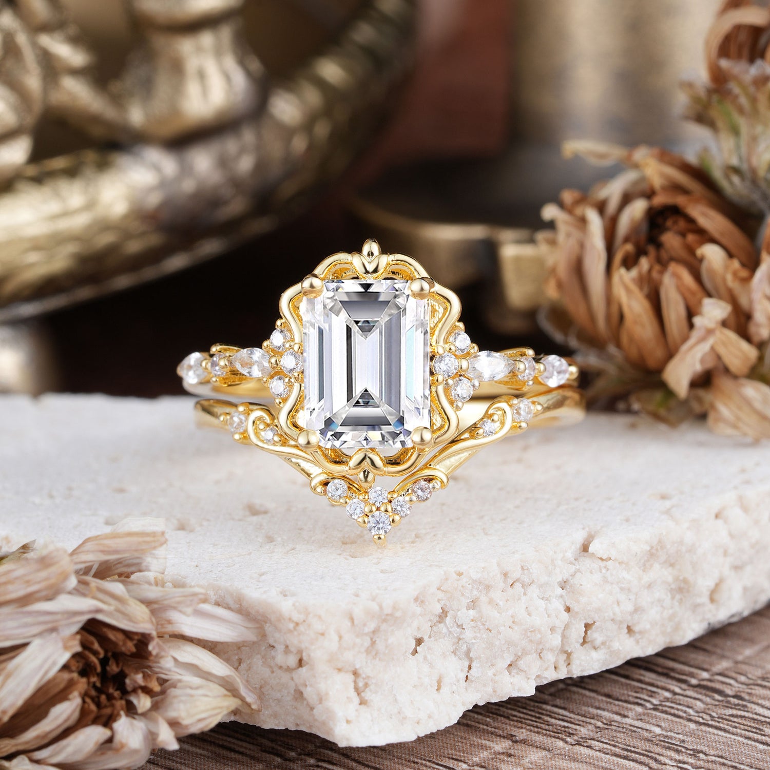 Vintage 4-Prong Emerald-Cut Lab Diamond Bridal Ring Set