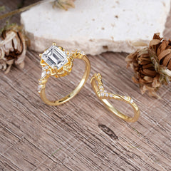 Vintage 4-Prong Emerald-Cut Lab Diamond Ring Set