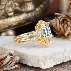 Vintage 4-Prong Emerald-Cut Lab Diamond Ring Set