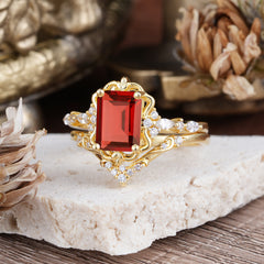 Vintage 4-Prong Emerald-Cut Garnet Ring Set