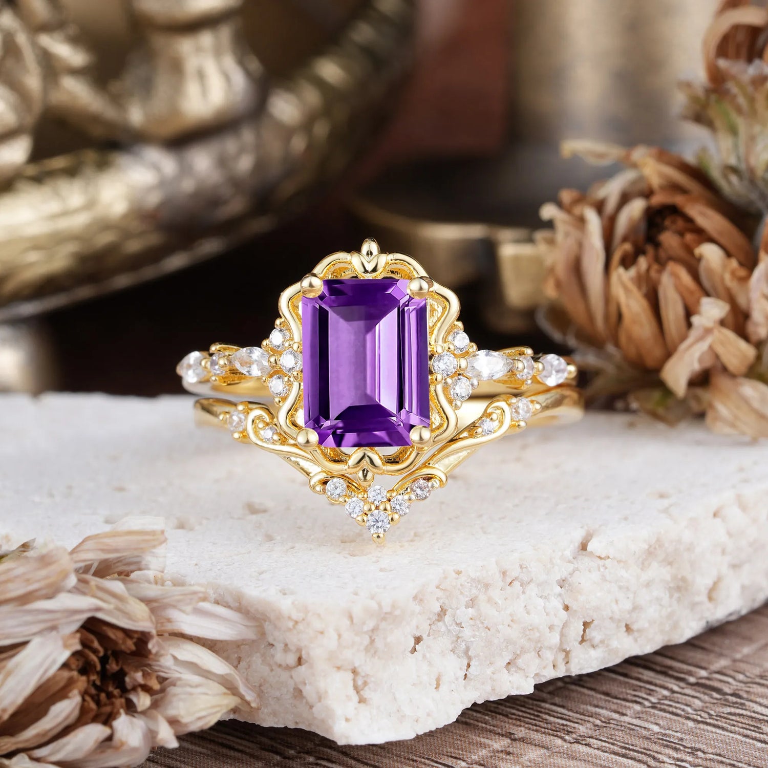 Vintage 4-Prong Emerald-Cut Amethyst Bridal Ring Set