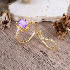Vintage 4-Prong Emerald-Cut Amethyst Ring Set