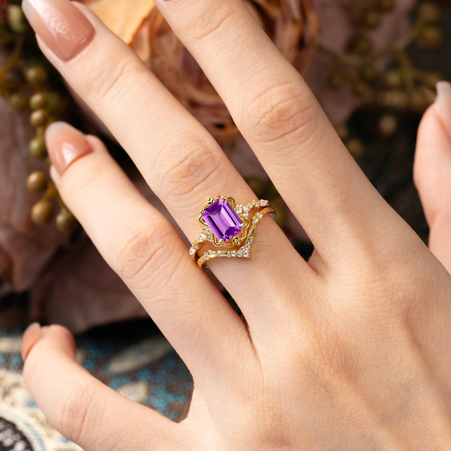 Vintage 4-Prong Emerald-Cut Amethyst Bridal Ring Set